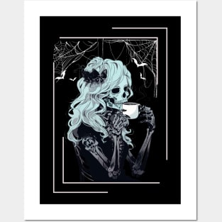 Coffee Drinking Skeleton Messy Bun Halloween Costume Girls Posters and Art